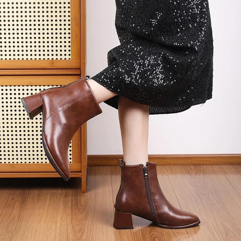 

Модная женская обувь 2024 года, горячая распродажа, женские ботильоны, модные женские ботинки с боковой молнией для офиса и карьеры, новые туфли на квадратном каблуке для женщин, Zapatos Mujer 42 коричневый