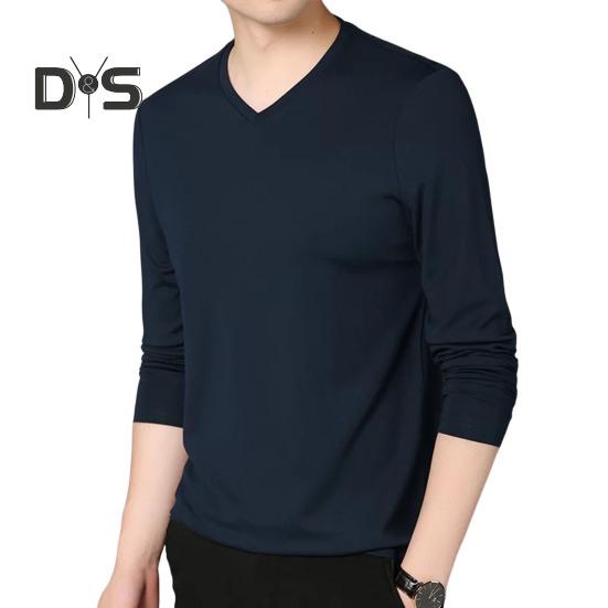 

Мужской осенне-весенний топ с V-образным вырезом и длинными рукавами, однотонный облегающий тонкий пуловер, футболка, повседневная спортивная домашняя одежда M темно-синий