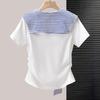 Sibaishi Women's V-Neck Faux Two-Piece Patchwork T-Shirt