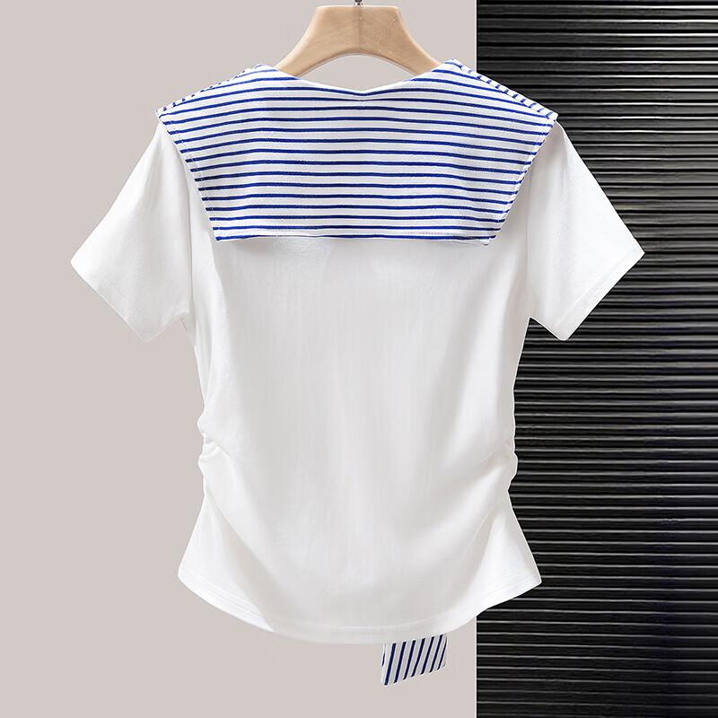 Sibaishi Women's V-Neck Faux Two-Piece Patchwork T-Shirt