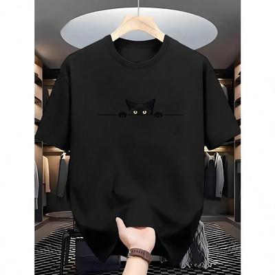 MenS Casual Black TShirt with Cute Cat Design  Soft Polyester Crew Neck Short Sleeve Summer Essential for Casual Attire