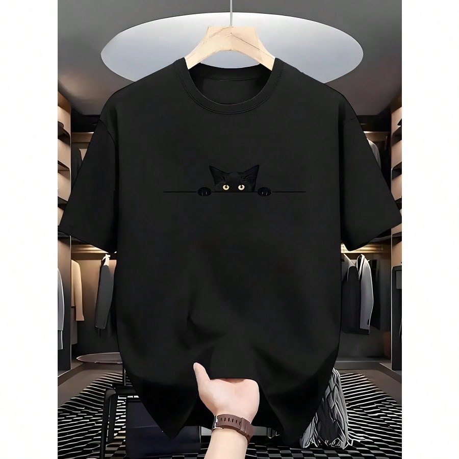 MenS Casual Black TShirt with Cute Cat Design  Soft Polyester Crew Neck Short Sleeve Summer Essential for Casual Attire