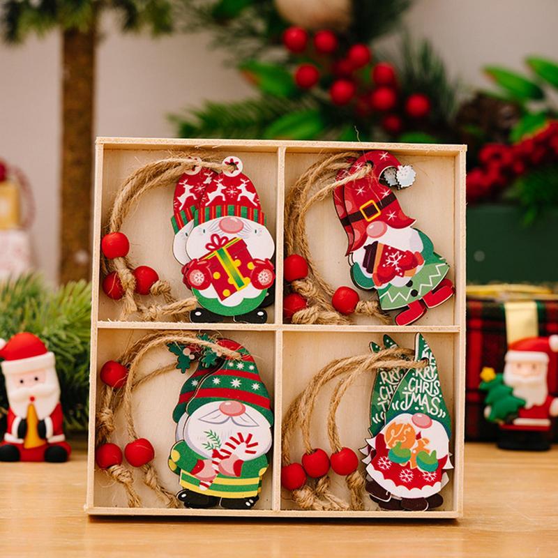 Wooden Christmas Ornaments Snowman Tree Decorations Christmas Gnome Hangable Ornaments Santa Pendant with Rope for Christmas