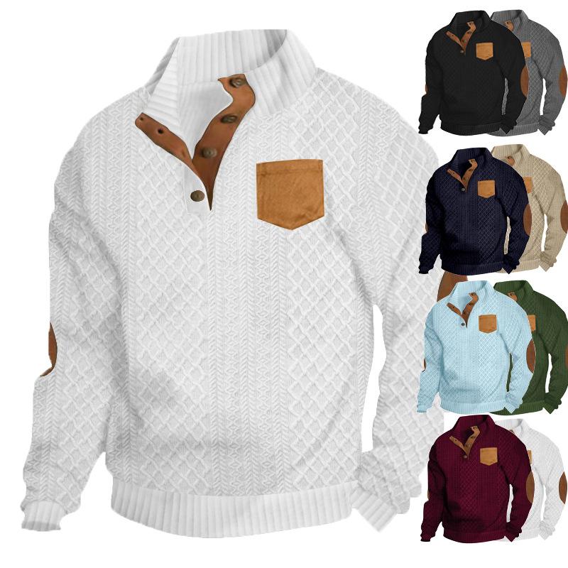 Spring/Autumn Men's Jacquard Knit Textured Pocket Henley Collar Buttoned Patch Long-Sleeved Sweatshirt