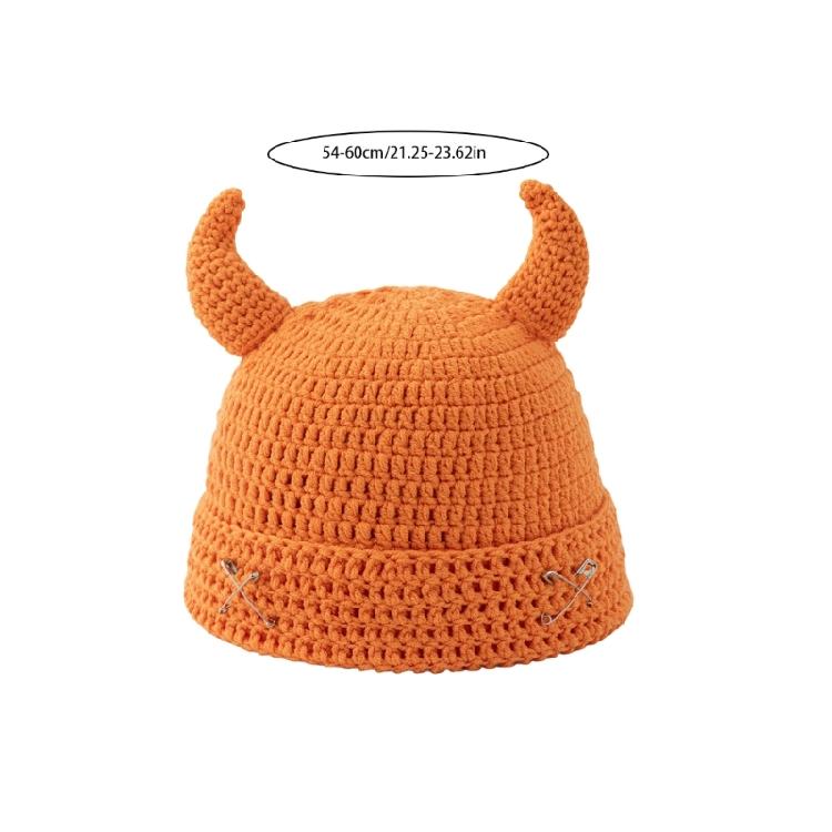 Crochet Horn Cap for Fall Winter Outfits, Brimless Devil Hat with Front Pin Accent for Party Photo Outfit Looks