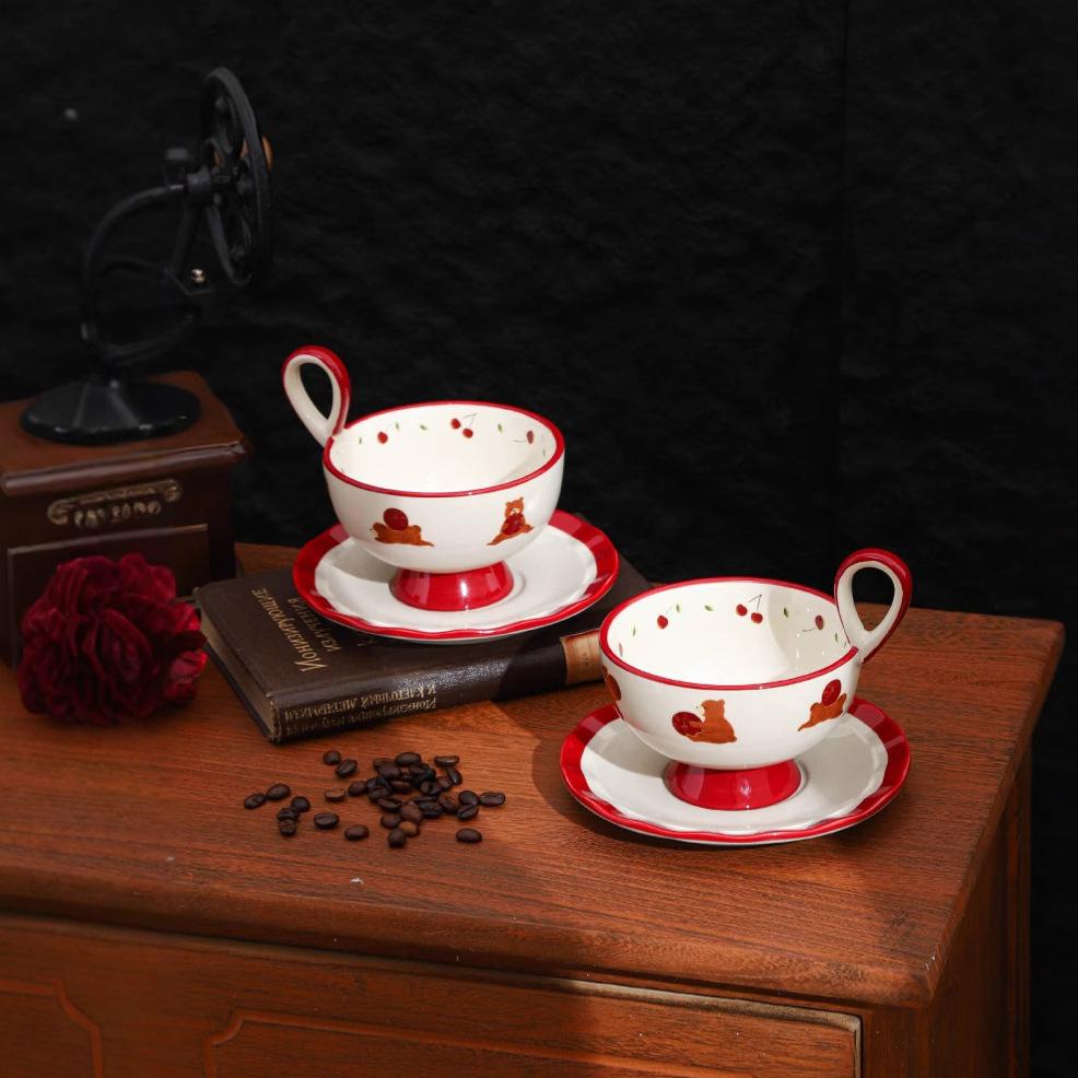 Cute antenna cherry bear coffee cup saucer premium medium and ancient style afternoon teacup latte cup water cup birthday gift