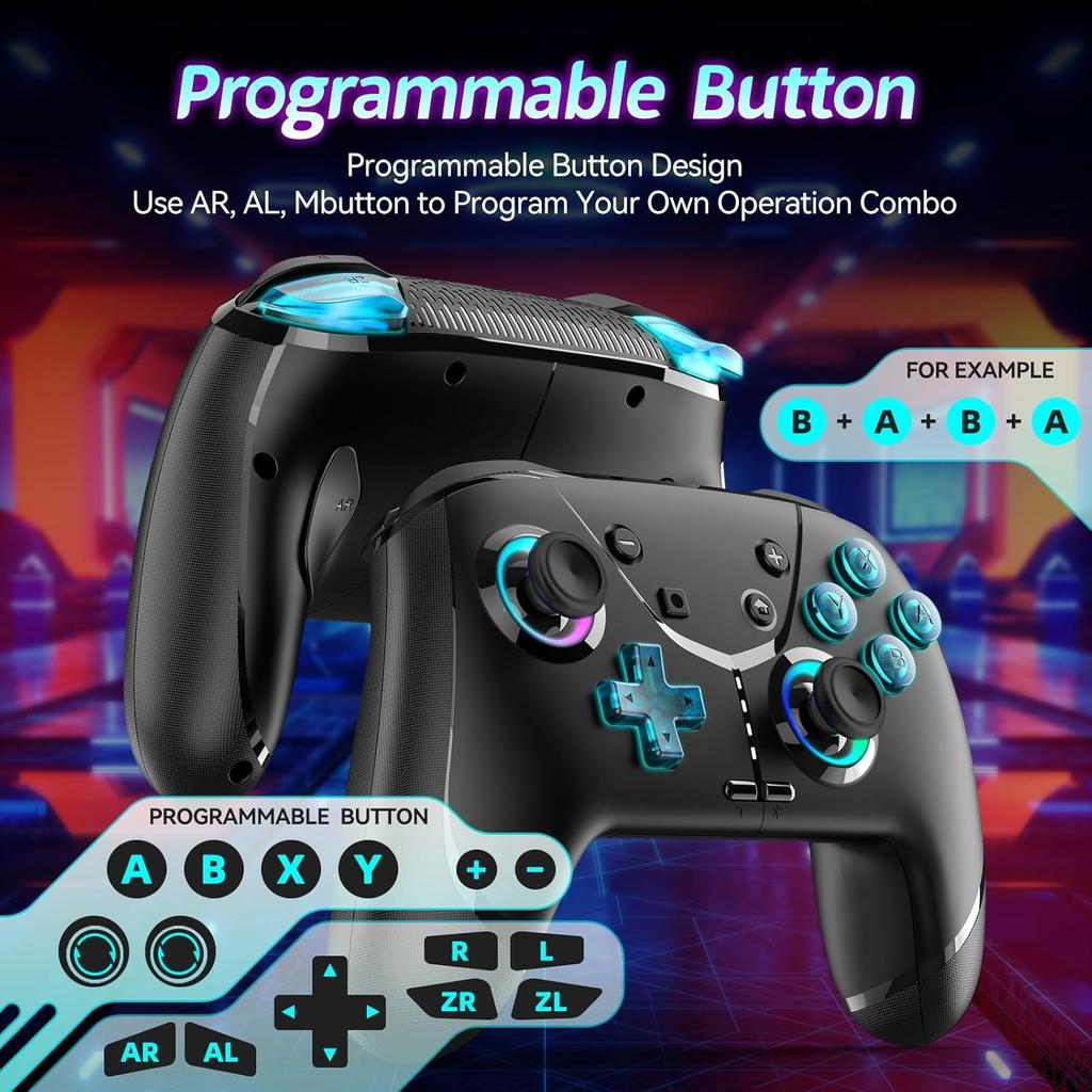 Switch Wireless Pro Controller for Switch/Lite/OLED, 4 Vibration Modes, 3 Turbo Modes for PC/Steam/TV with Programming/6-Axis/Motion/Wake-up/RGB