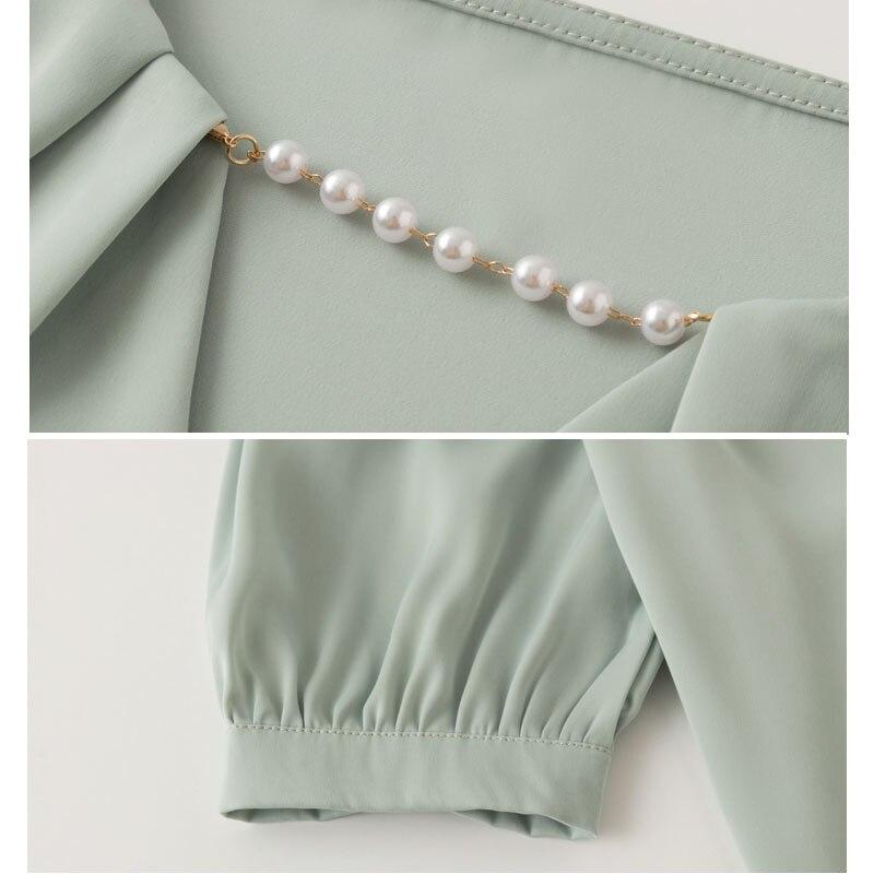 Letní korejská móda šifonové košile Elegantní volná perlová halenka s výstřihem do V Dámské 2021 Dámské Krátký rukáv Tenké skládané topy 15202