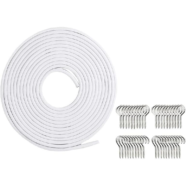 Curtain Wire,10 Meters (32FT) Hanging Cord Kit with 20 Pairs of Hooks & Eyes Picture Hanging Wire for Net Curtain Rods