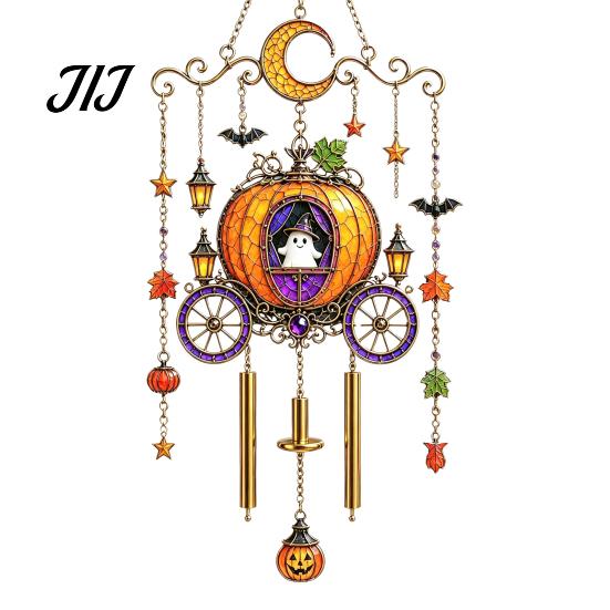 Bat Moon Themed Decor Halloween Stained Glass Style Wind Chime, Acrylic Suncatcher Hanging Ornament with Ghost Black Cat Artistic Window Light