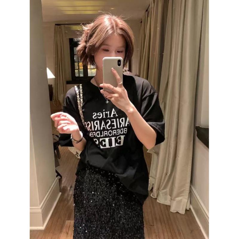 

Женская футболка в стиле ретро с круглым вырезом и короткими рукавами, свободный и повседневный принтованный топ 2XL чёрный