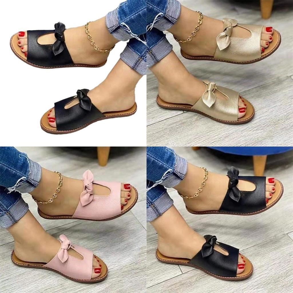 Womens Summer Flat Sandals With Bow Hollow Out For Casual Daily Wear