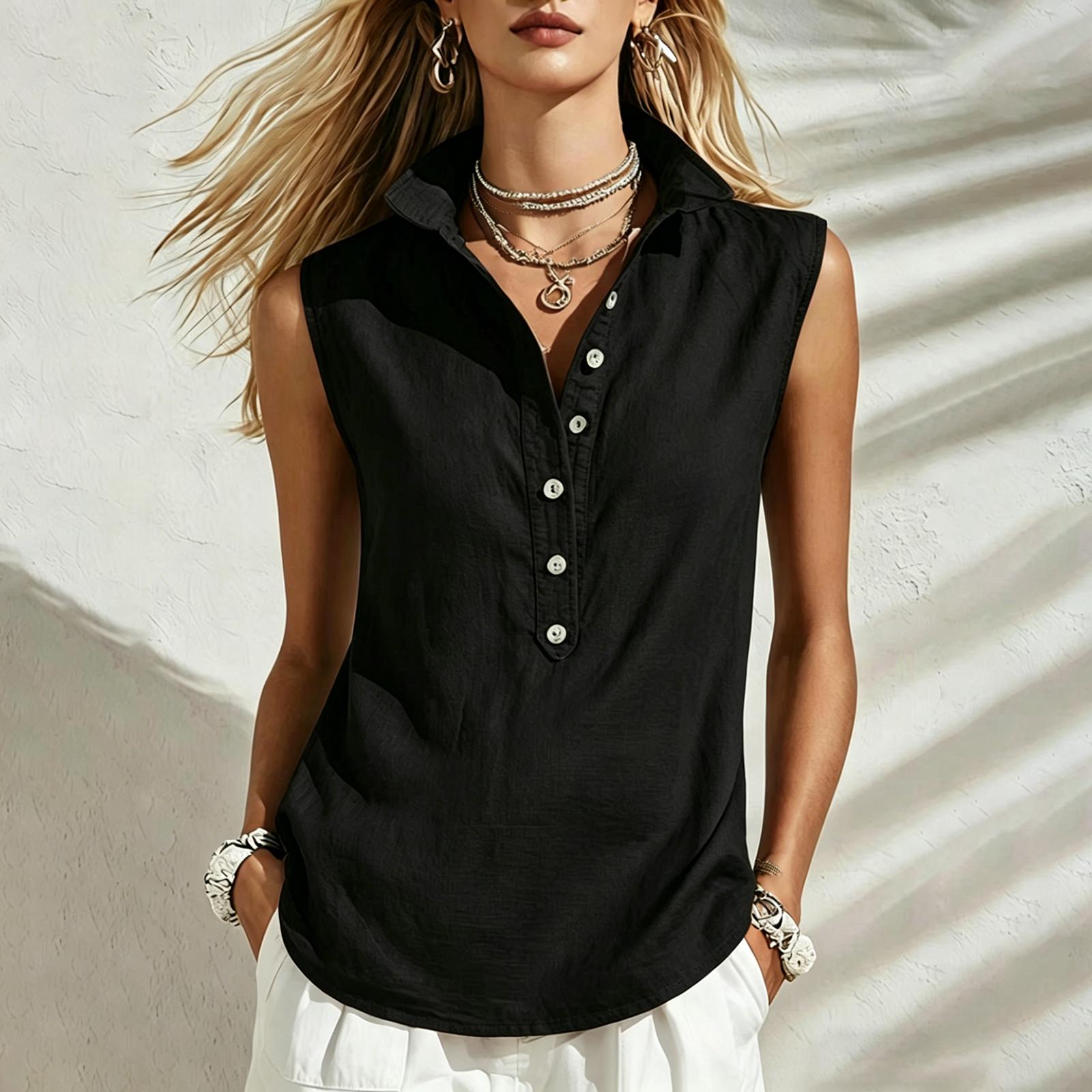 

Women s Casual And Fashionable Sleeveless Button-down Blouse Top L