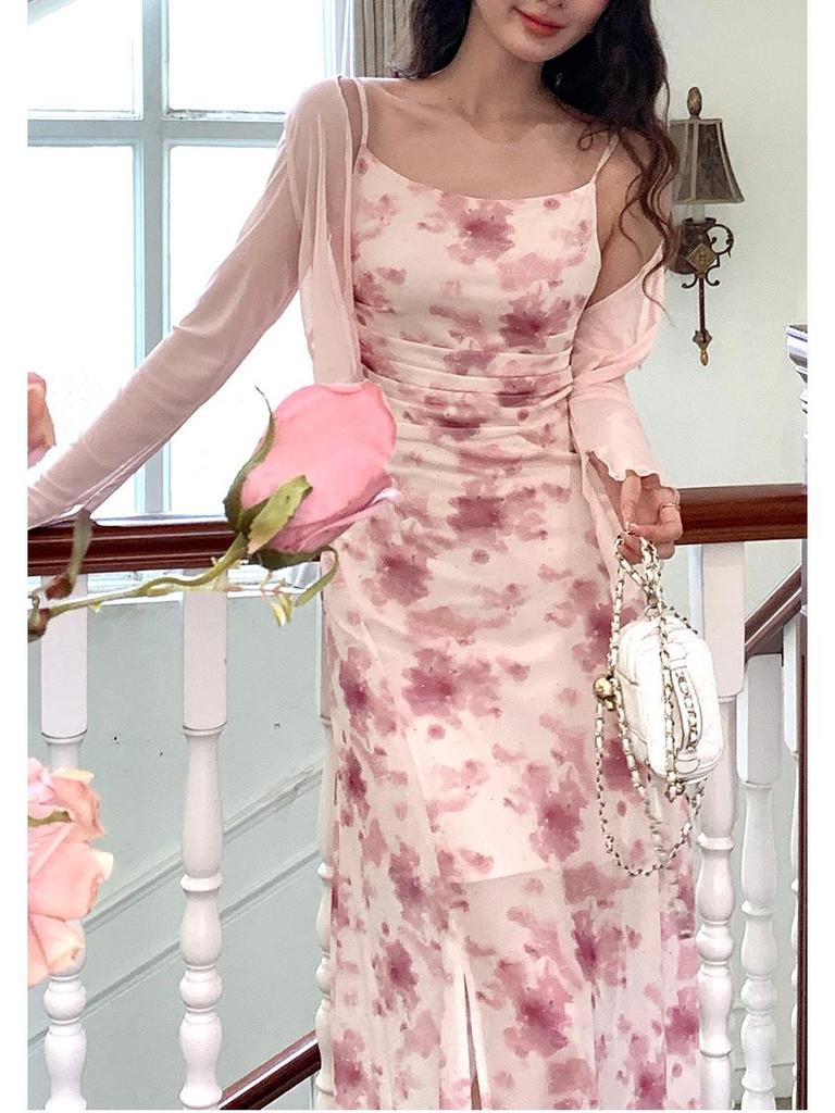 Thirteen Lines Floral Ink Wash Camisole Cardigan Dress - Spring Waist-Slimming Design