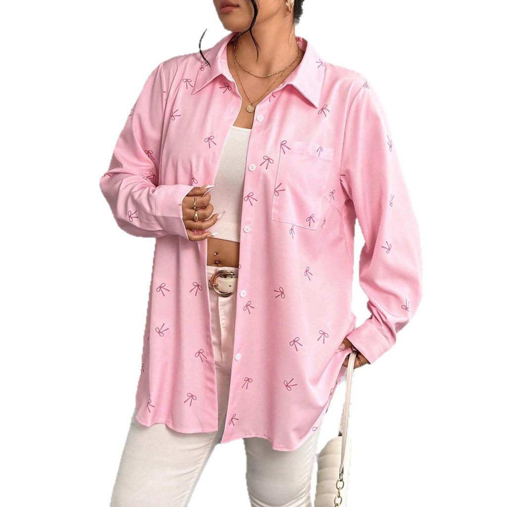 New Large-sized Women's Shirt Jacket Autumn Loose Bow Print Long-sleeved Casual Shirt