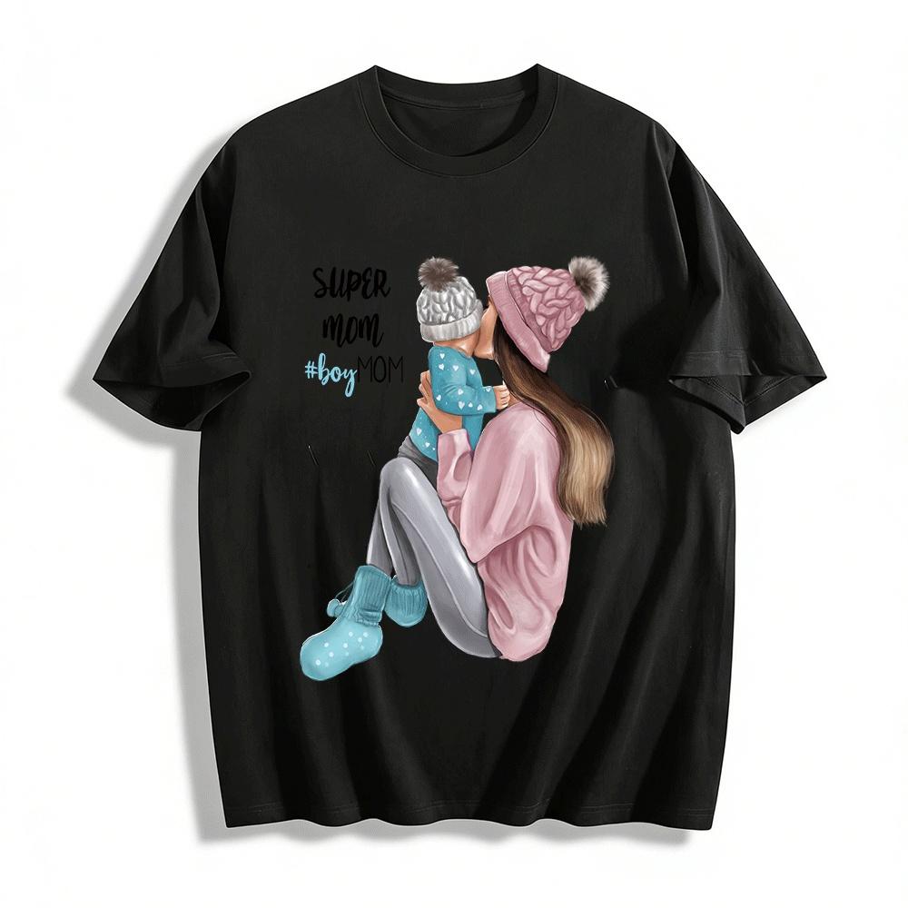 

Super Mom Boy Mom Print Casual Top Warm Mother Son Graphic Tee Pure cotton T-shirt XXS