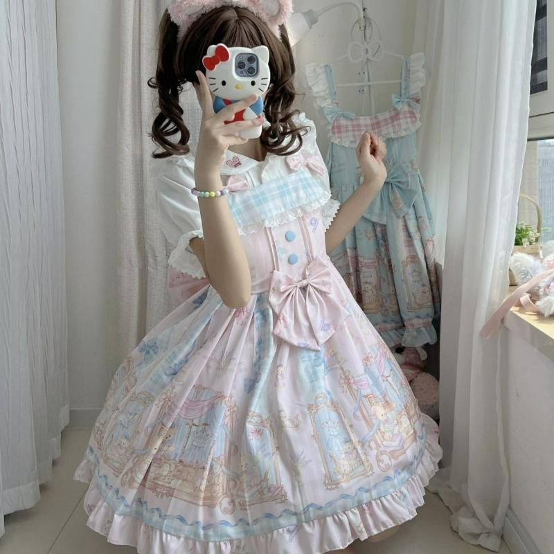 Japanese Sweet Lolita Jsk Dress Kawaii Lace Ruffles Bow Cartoon Print Slim Princess Dresses Girls Y2k Cute Tea Party Mini Dress