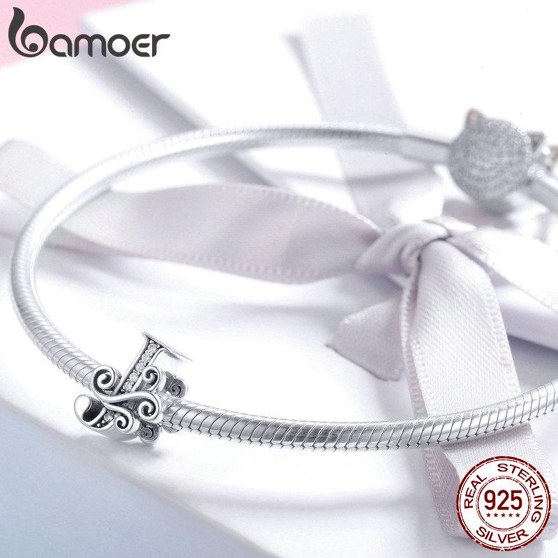 BAMOER Genuine 925 Sterling Silver Letter J Alphabet Beads Charms Fit Charm Bracelets & Bangles DIY