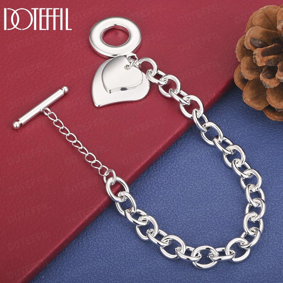 925 Sterling Silver Double Heart Bracelet Wedding Gift Jewelry