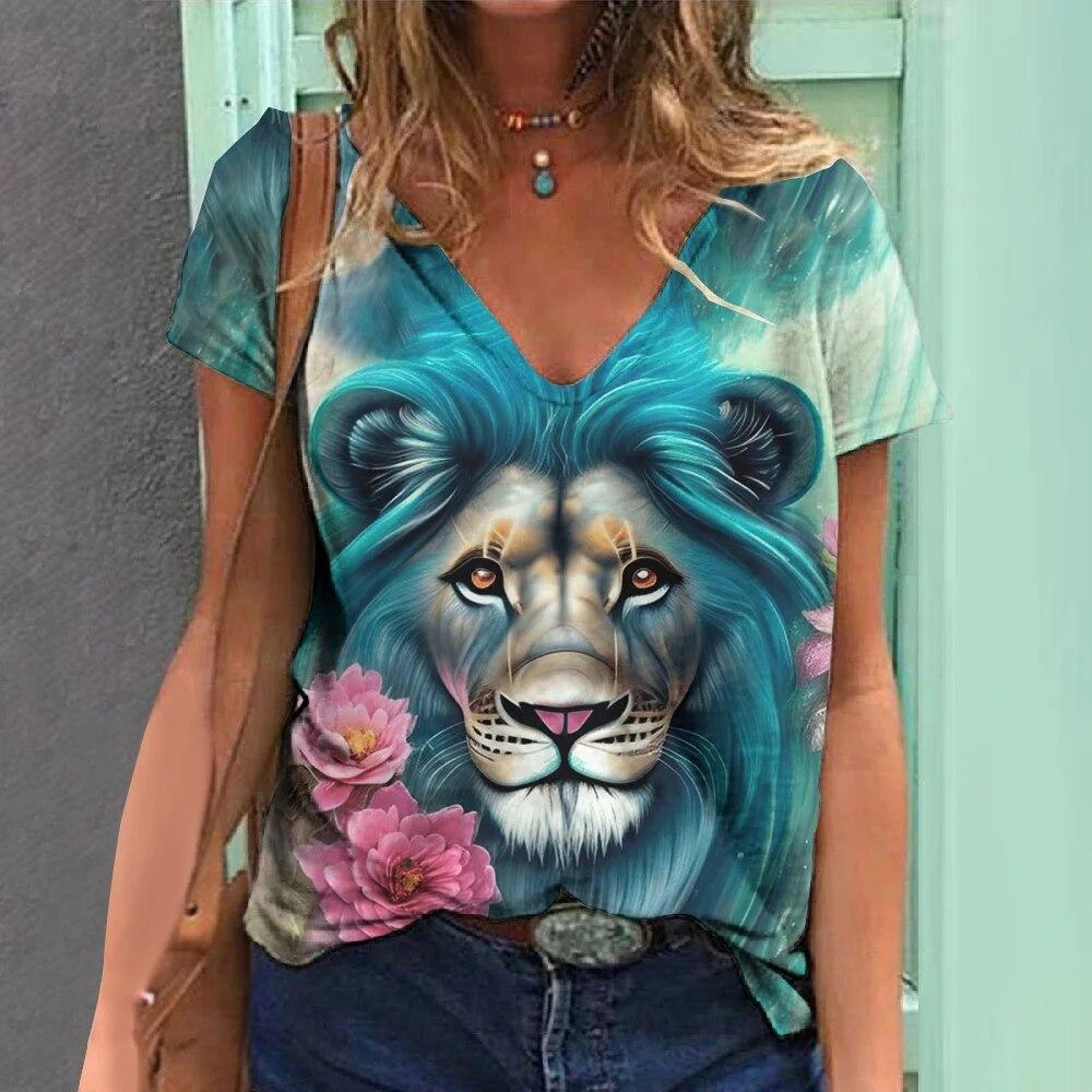 Summer V-neck 3D Animal Pattern Printed Top Fashionable Casual Short Sleeved Women's T-shirts