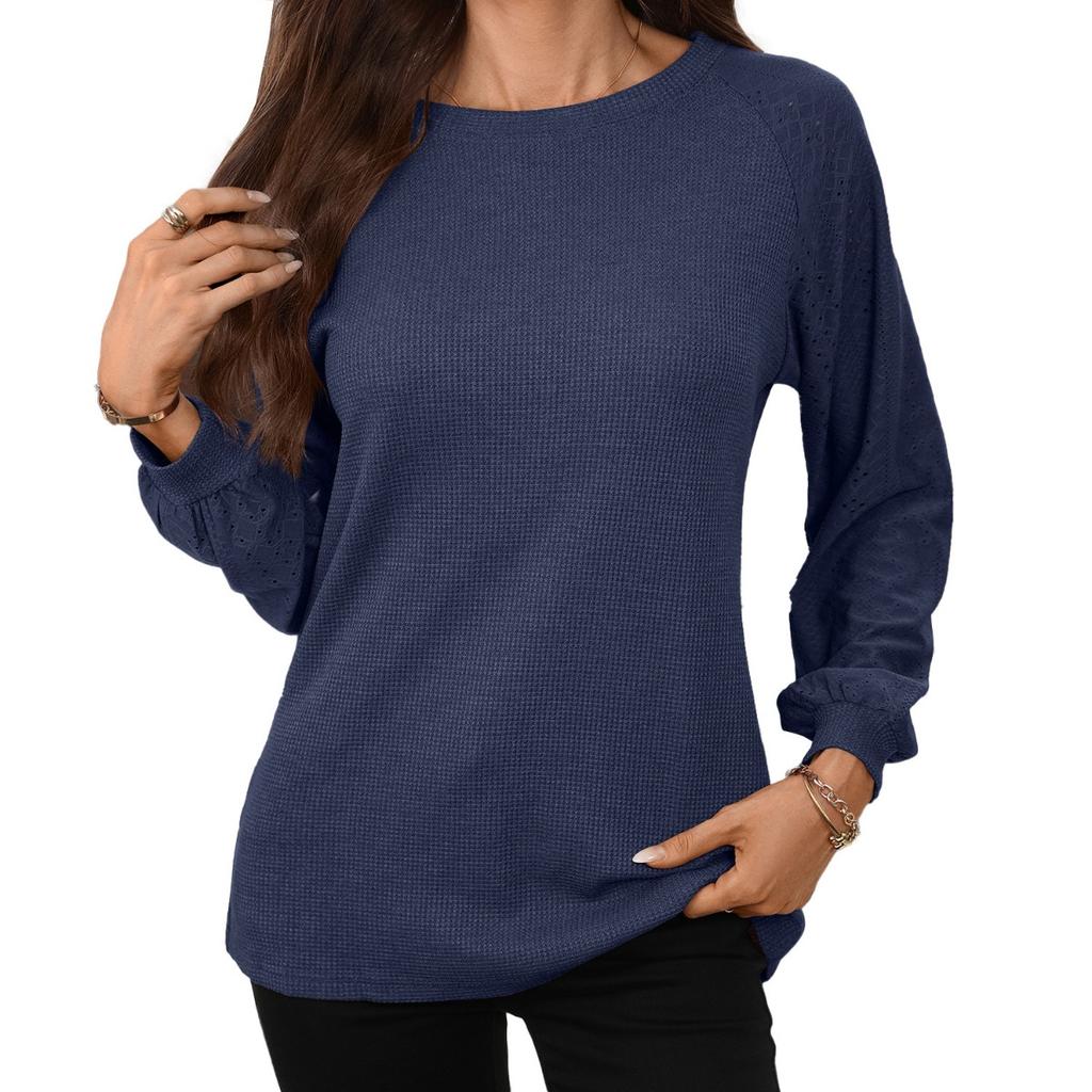 Women's Solid Color Crew Neck Loose Long Sleeve Patchwork T-shirt Top Fall Winter New For Cross-border Trade