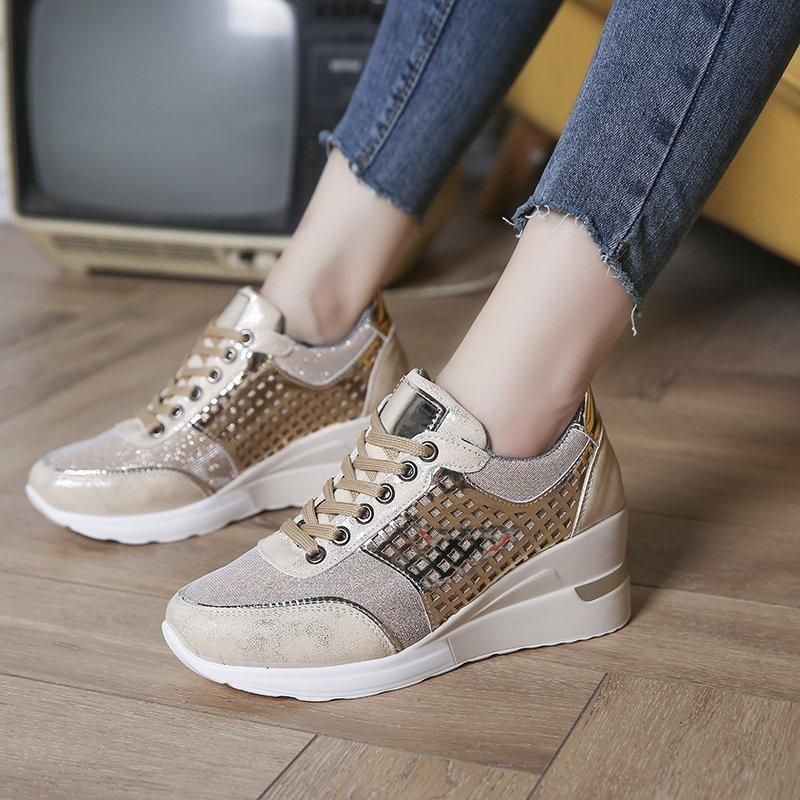 New trendy large size wedge heel mesh sneakers women's cross lace-up casual single shoes women