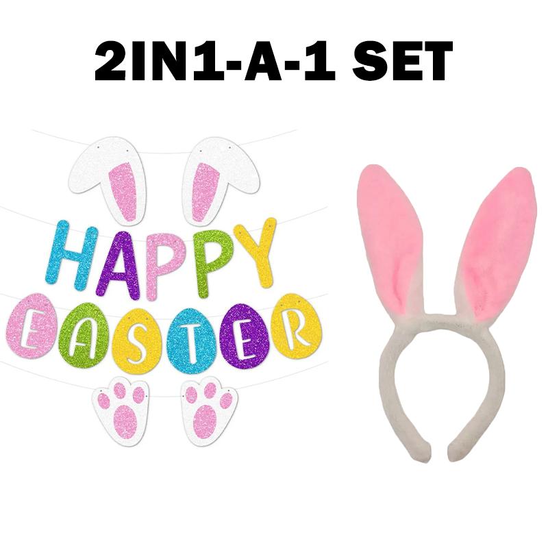 Happy Easter Pulling Flag Banner Bunny Ear Headband Easter Theme Party Background Wall Decoration For Festival Celebration