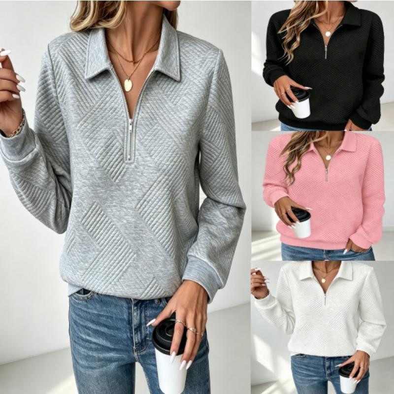 Casual Women S Loose Fit Long Sleeve Half Zip Polo Neck Solid Color Sweatshirt