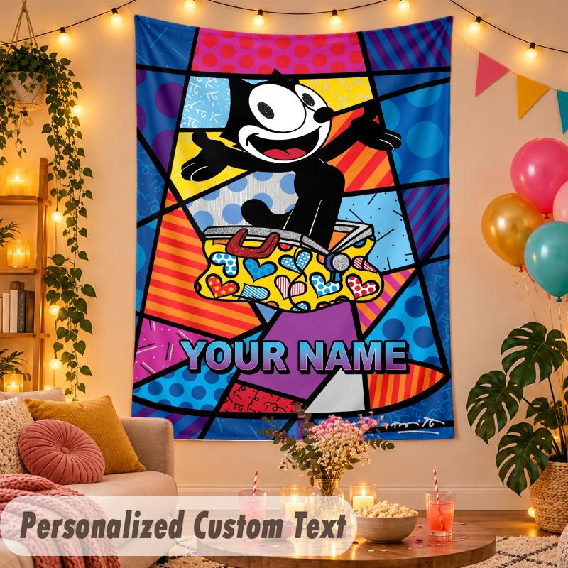 Felix the Cat Personalized Wall Tapestry Custom Name Text Polyester Hanging Decor Home Room