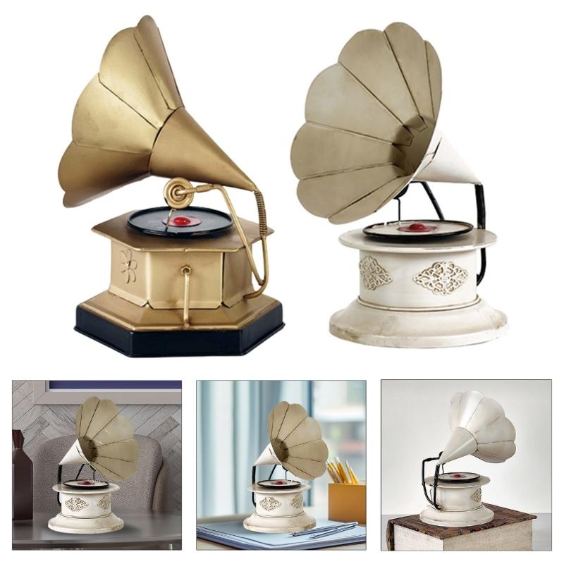 Grammofono Decorativo in Metallo Modello Nostalgico Espositore da Scaffale Scultura Fonografo Vintage Elementi Centrali Decorazioni per Soggiorno