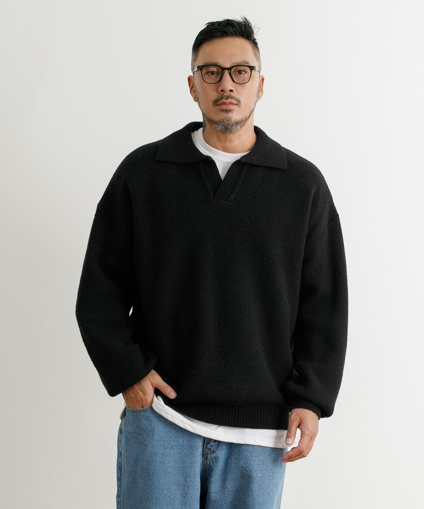 RUGGED HOUSE Open Collar Oversized Lambswool Knit Black