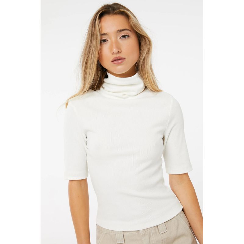

American Minimalist Commuting Intellectual @ Solid Turtleneck Half Sleeve Stretch Cotton Knit Women Half Sleeve Top Foreign Trade White L