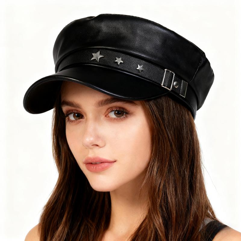 1pc Women Beret Cap with Black Star Embroidery,Solid Color Retro Hat,Korean Style Casual Flat Top Newsboy Hat for Outdoor,Travel