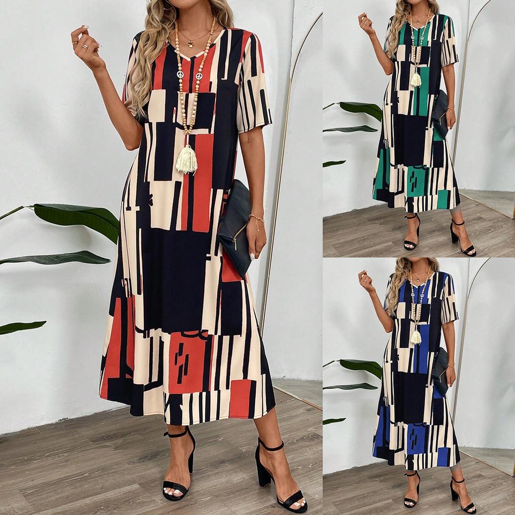 Summer New Women's Floral Print V-neck Short Sleeve Loose Long Midi Dress Casual European American Style for Women
