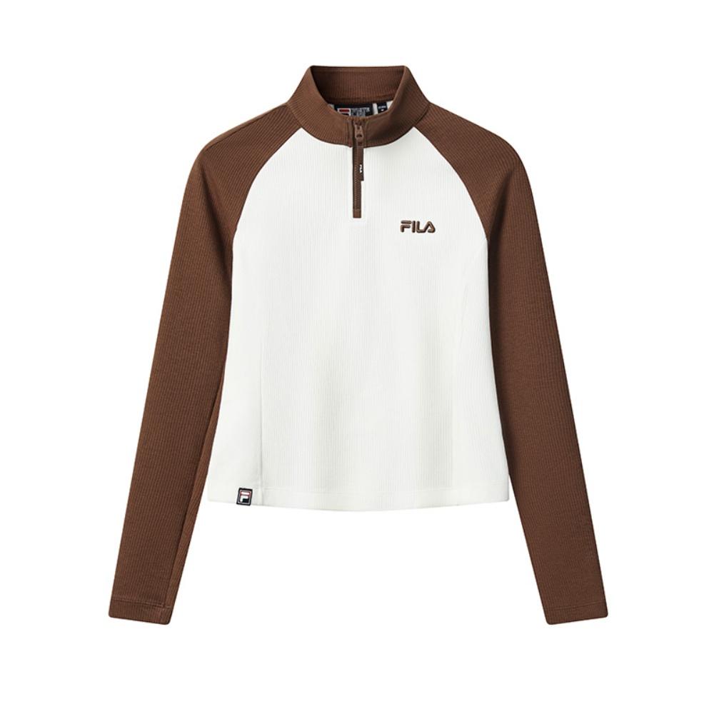 Fila Original Fashion Casual Slim Fit Stand Collar Half Zip Knit Long Sleeve T-Shirt Women Tops Cloud-Mushroom-White F11W549216FWT
