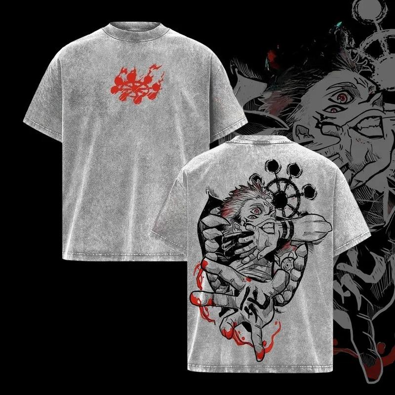 

Гарячий Аніме Jujutsu Kaisen Рьомен Сукуна Одяг Чоловіки Жінки Футболки з коротким рукавом Бавовняна футболка з ефектом прання Ретро Футболка Харадзюку Футболка M сірий колір