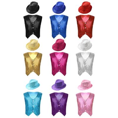 Kids Boys Jazz Dance Vest Shiny Sequin Waistcoat with Hat Christmas Party Festival Prom Cosplay Stage Performance Clothing