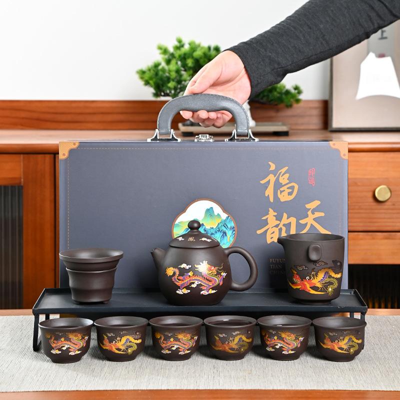 Čajová souprava Měnící barvu Drak a Fénix z fialového písku, Kung Fu špičková kompletní sada, kompletní sada z fialové keramiky