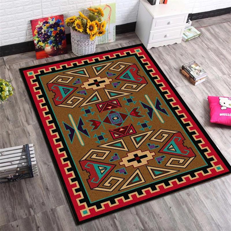 Bohemian Tribal Area Rug with Geometric Pattern, Vintage Red Large Carpet for Living Room Bedroom Home Decor, Non-Slip Soft Floor Mat