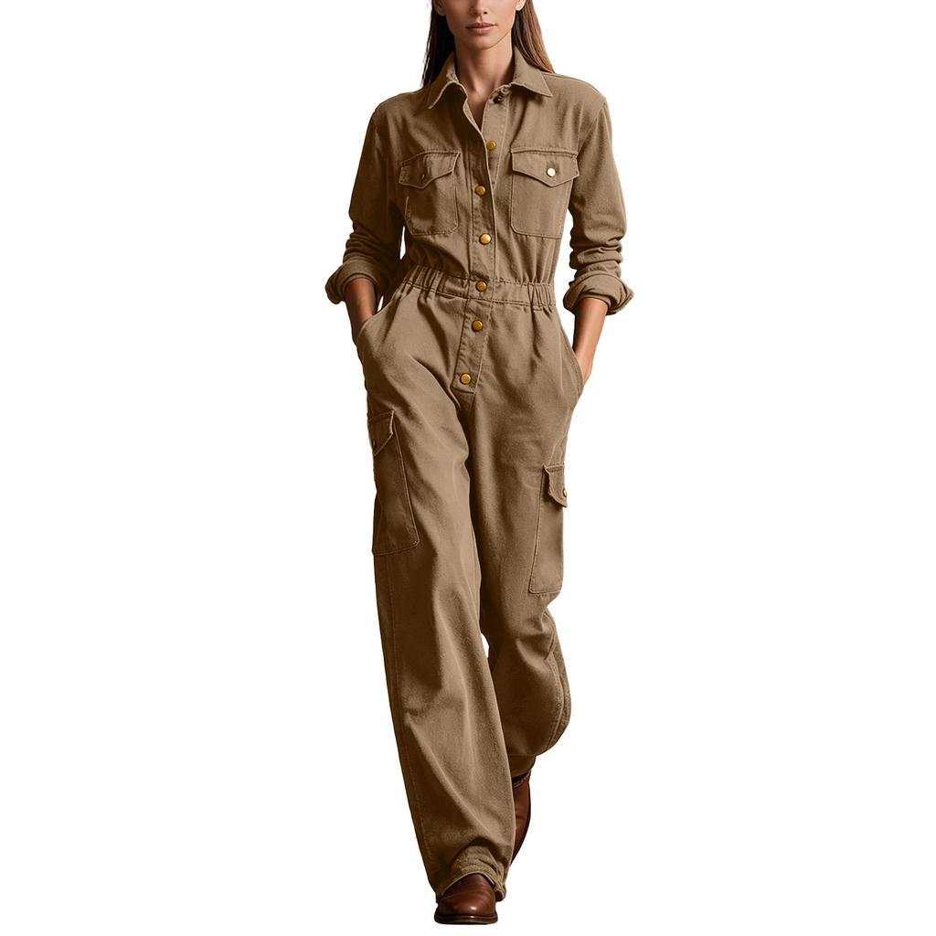 Women's Color Cargo Pocket Jumpsuit with Notched Collar, Long Sleeves and Fitted Waist