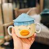 Ceramic Milk Mug with Lid And Straw 400ml Funny Cartoon Animal Water Cup with Double Handle Holiday Gift