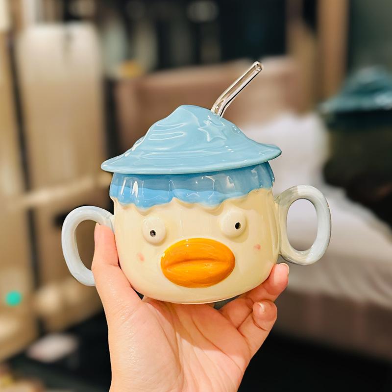 

Ceramic Milk Mug with Lid And Straw 400ml Funny Cartoon Animal Water Cup with Double Handle Holiday Gift 400ML синій