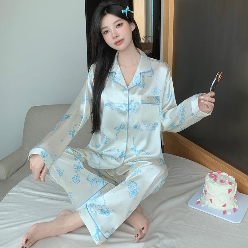 Star Print Ice Silk Women Spring And Autumn Pajamas Long Sleeves High-End Fashion Loungewear Suit