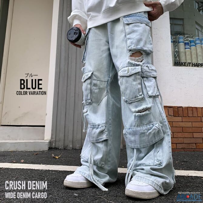 Arcade Distressed Denim Cargo Pants with Multiple Wide Loose Flared Size XL Black Men's Pockets, Leg, Fit, Denim, (LL),