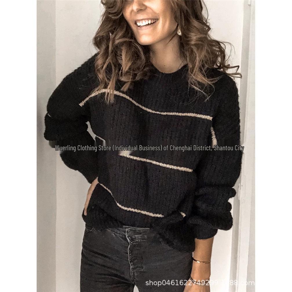 2026 Autumn/Winter Striped Loose Knit Pullover Sweater - Women's Casual Long Sleeve Round Neck