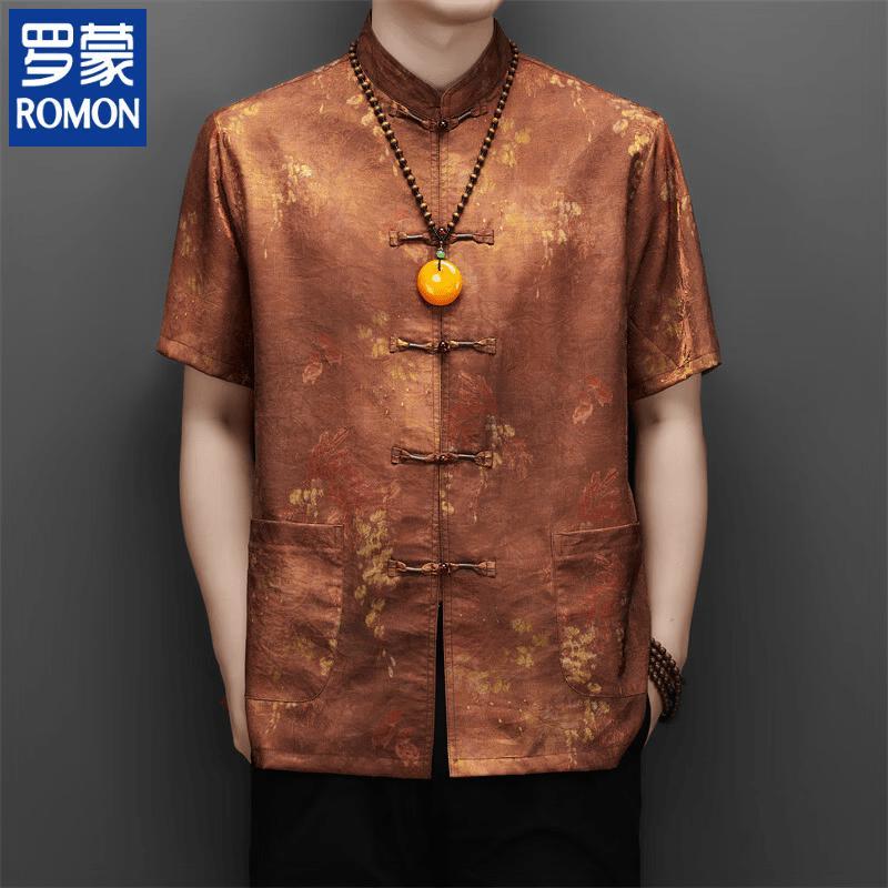 ROMON Men's Chinese Style Floral Short Sleeve Shirt