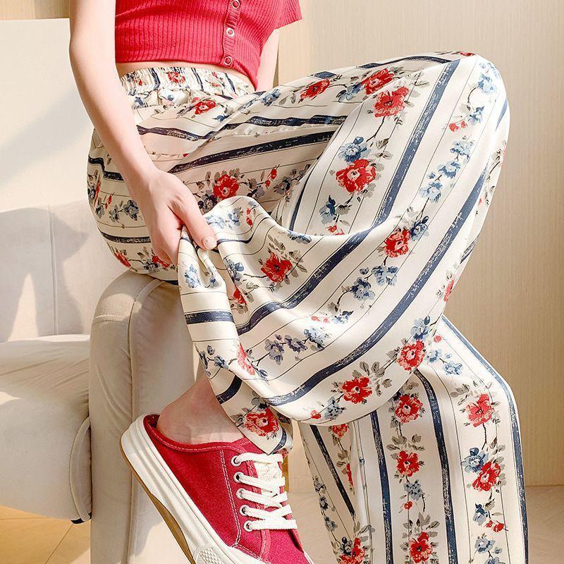 Three Sizes Women's Cotton Silk Wide-Leg Rayon Pants - Spring/Summer Breathable, Plus Size Casual Home Sleepwear