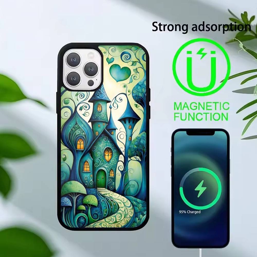 Whimsical Landscape Starry Night Phone Case For iPhone 14,16,15,13,17,12,Plus,Pro,Max Magnetic For Magsafe Frosted Cover