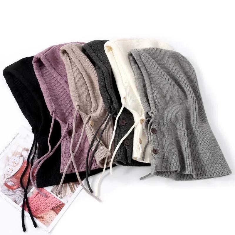 Korea Winter Hats and Scarf Set with Botton Scarf Balaclava Hat Warm Neck Set Women Knitted Wool Pullover Hat Gothic Y2k