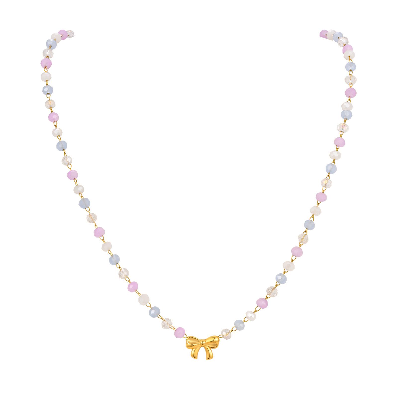 

Ladies Retro Gradient Bead Bow Necklace - Gold Stainless Steel Clavicle Chain